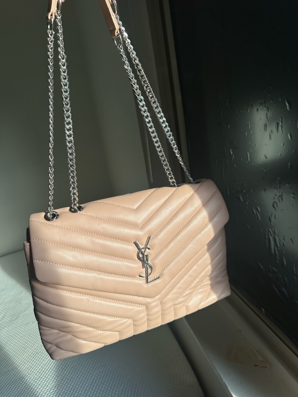 Saint Laurent Chevron Quilted Shoulder Bag in Pale Pink with Silver Hardware